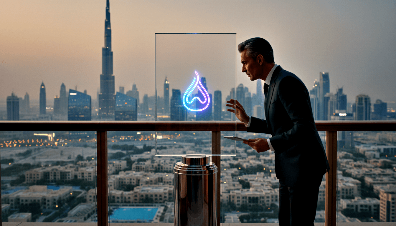 Man in navy suit gestures at glowing blue-violet neon calligraphic symbol on glass panel atop chrome pedestal, tablet in hand.