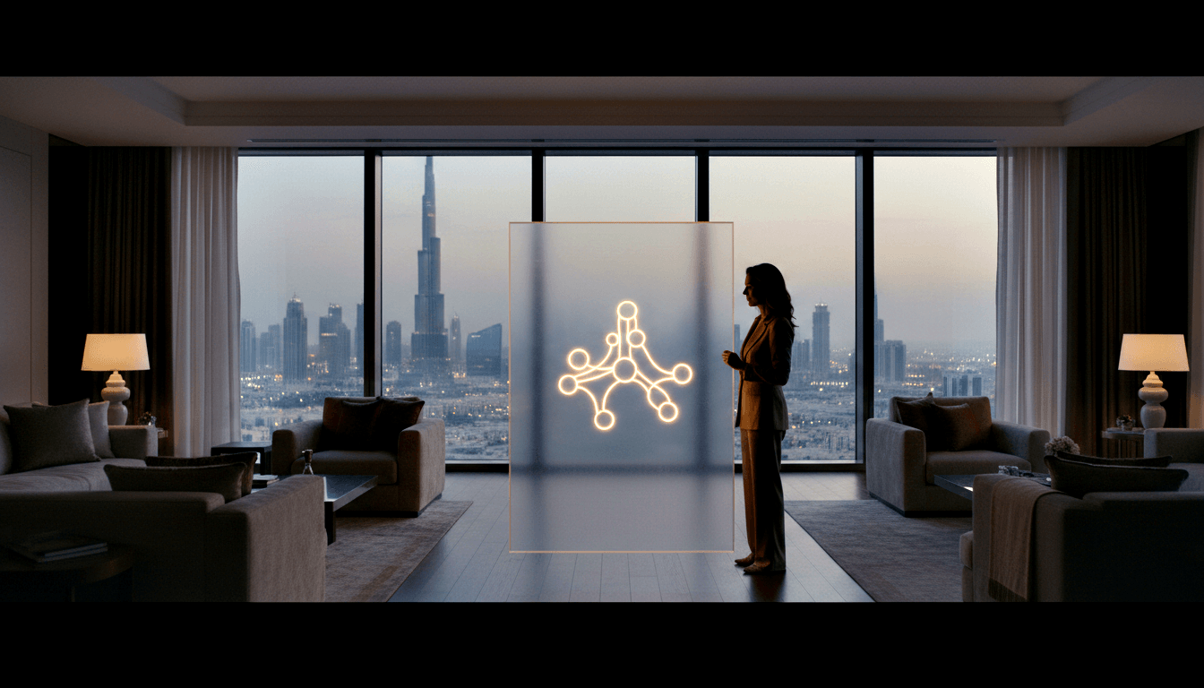 Woman in tan blazer stands in profile beside a glowing golden node diagram panel; twilight city skyline visible through floor-to-ceiling windows.