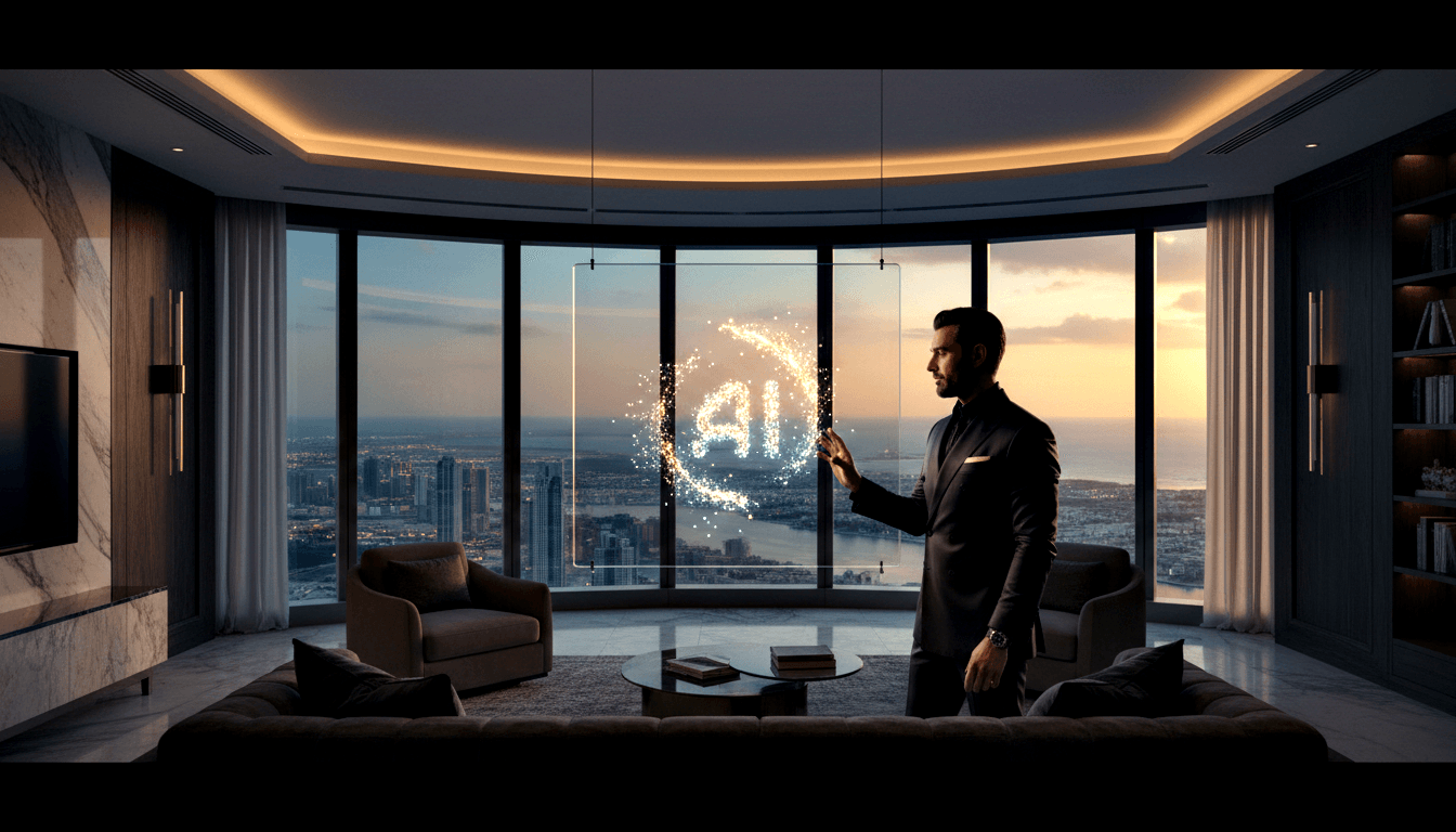 Man in black suit raises right hand toward a glowing holographic 'AI' display of sparkling particles on a transparent panel.
