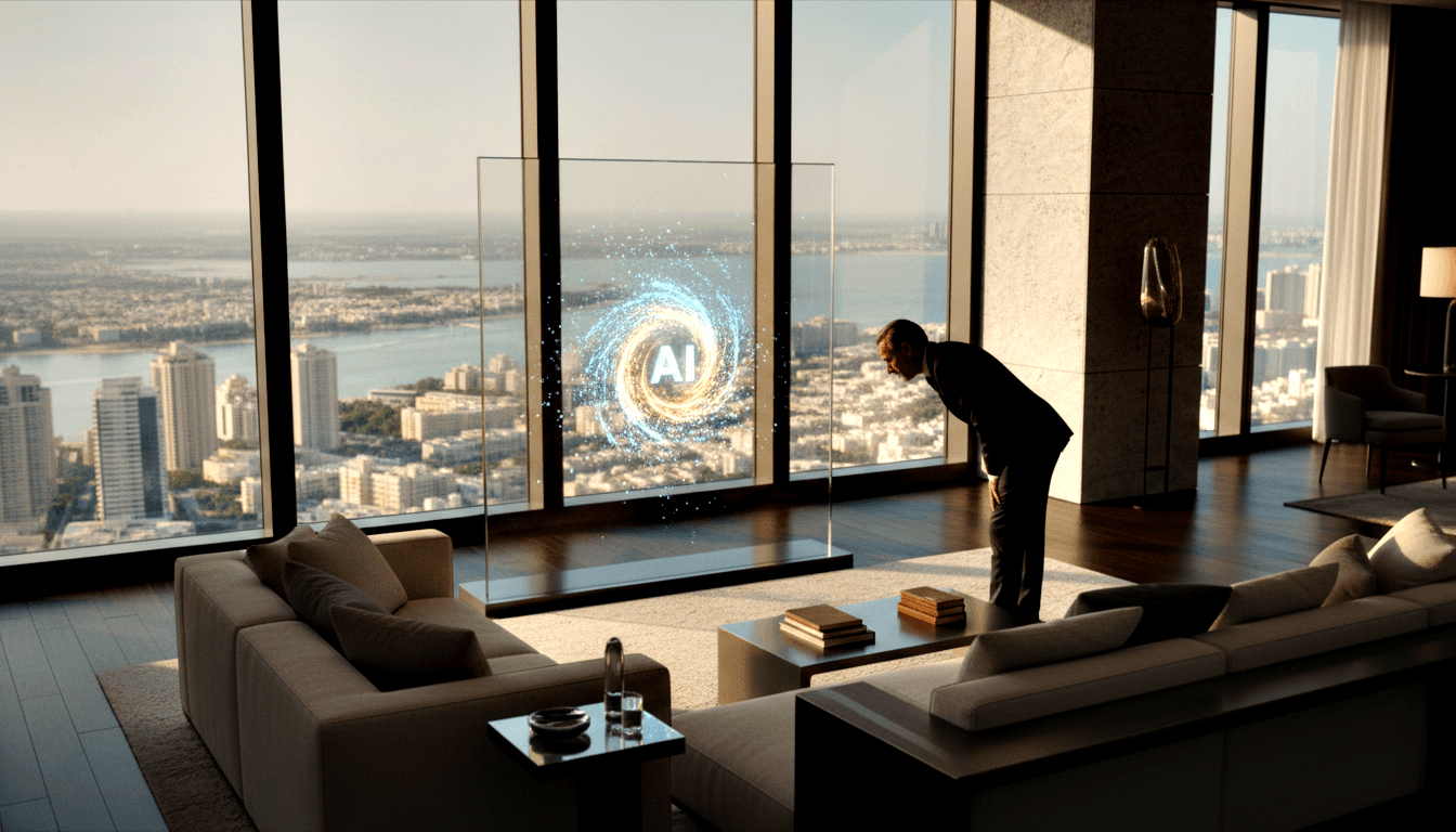Man in dark suit leans toward a glass panel displaying a glowing AI logo with swirling blue and gold particles in a high-rise living room.