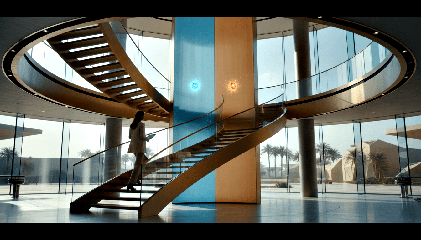 CGI atrium with double helical staircase, wooden treads, glass balustrades, floating blue and amber orbs; woman in business suit holds tablet.