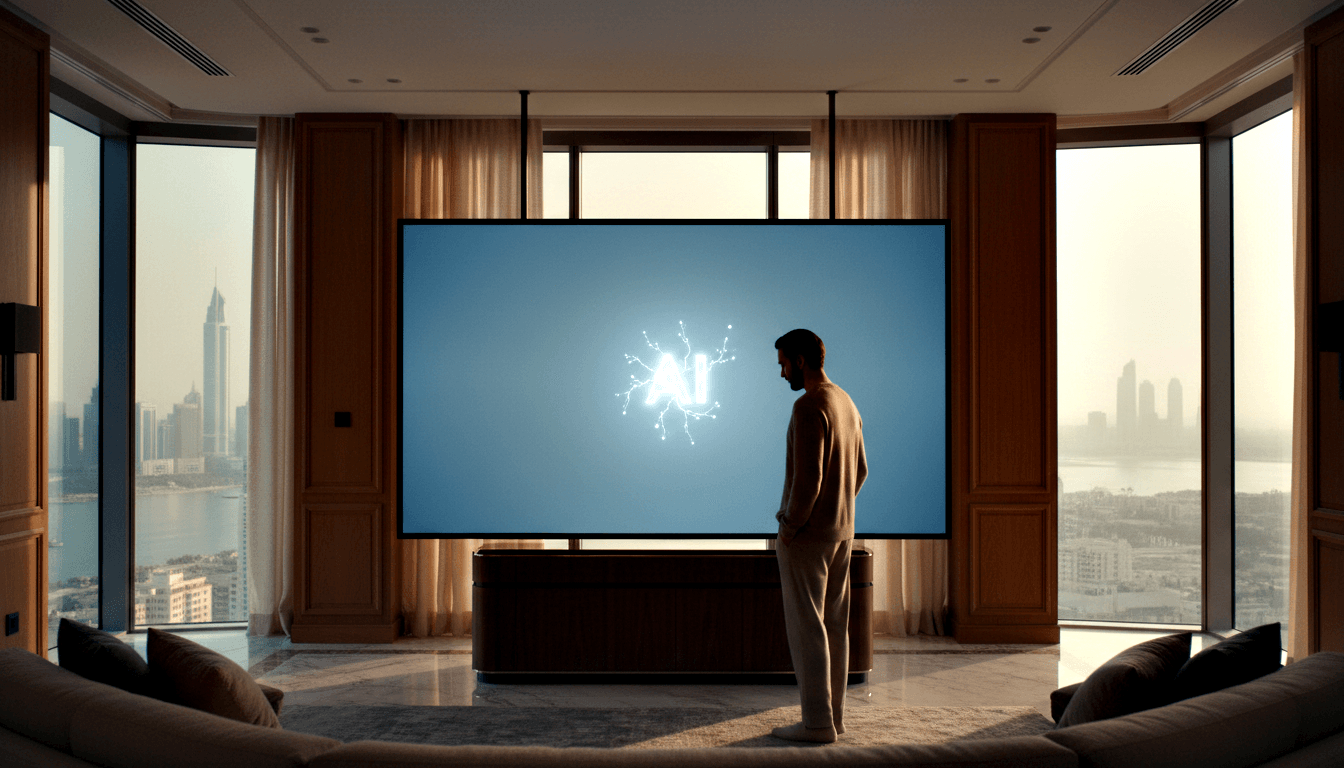 Man in beige clothing viewed from behind faces a large wall display showing glowing 'AI' text and neural network graphic on blue background.