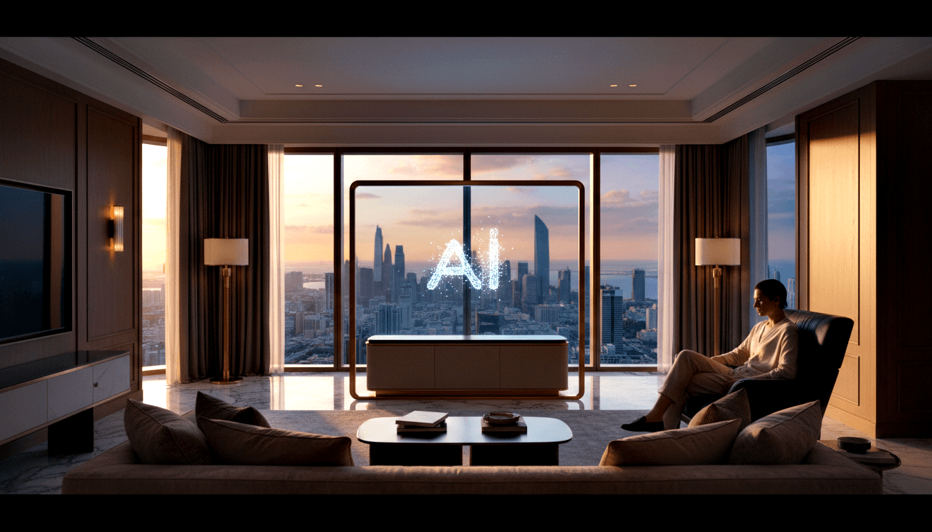 CGI luxury apartment at dusk; person in cream sits in leather recliner watching glowing blue dot-matrix 'AI' display.