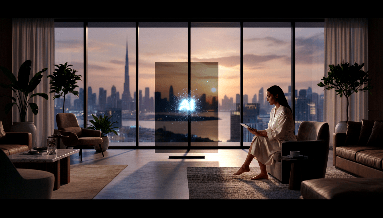 Woman in white robe sits barefoot on armchair holding a device, facing a glowing cyan holographic panel with 'AI' symbol.