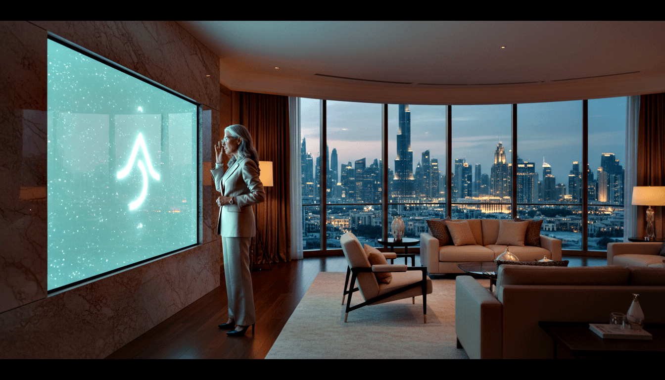 Silver-haired woman in cream pantsuit faces wall screen with teal digital visualization and upward arrow; twilight city skyline outside.