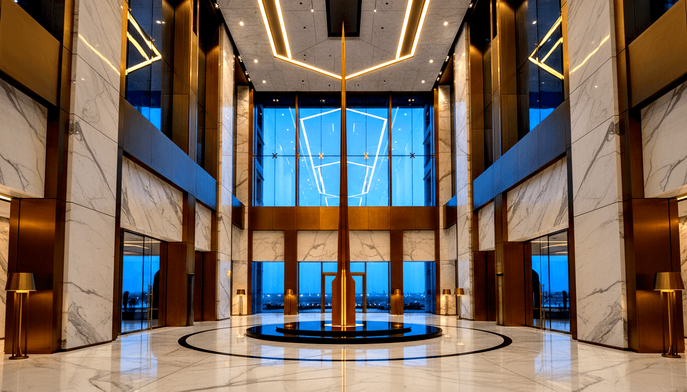 Symmetrical lobby with bronze-gold spire on black marble base, marble walls, dark wood columns, glass rear wall at night.