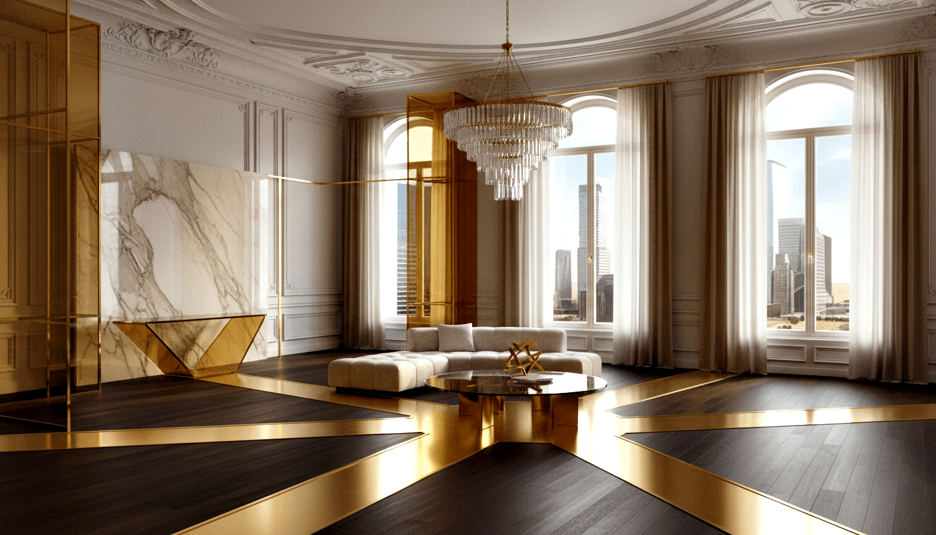 CGI interior: arched windows, ornate ceiling, crystal chandelier, cream sectional sofa, brass coffee table, dark hardwood floor.