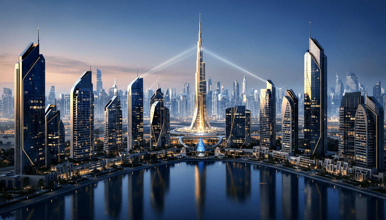 CGI futuristic waterfront city at dusk with central white spire emitting light beams, flanked by navy skyscrapers with gold trim.