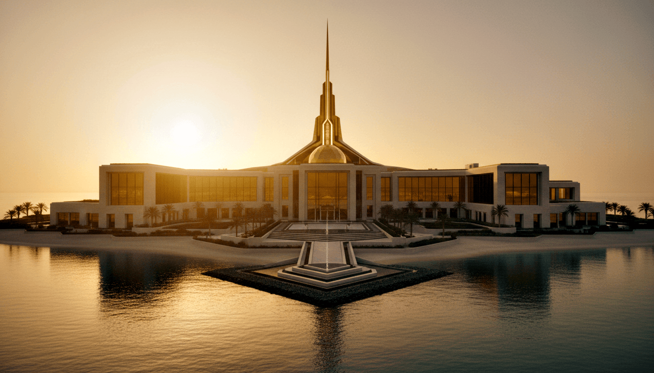 Golden spire atop dome flanked by glass wings; stepped pyramid in foreground water, palms lining cream-and-gold exterior.