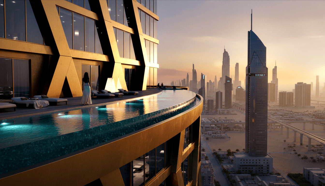 CGI infinity pool with teal water wraps high-rise tower facade; woman in white gown at edge, urban skyline at dusk.