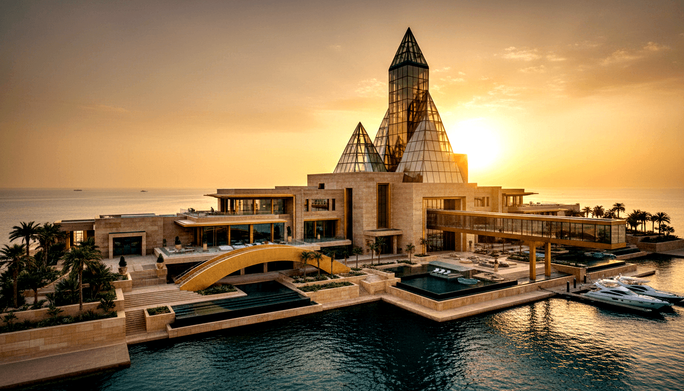 CGI render of a multi-level stone-clad complex on an artificial island with three glass pyramidal spires at golden hour.