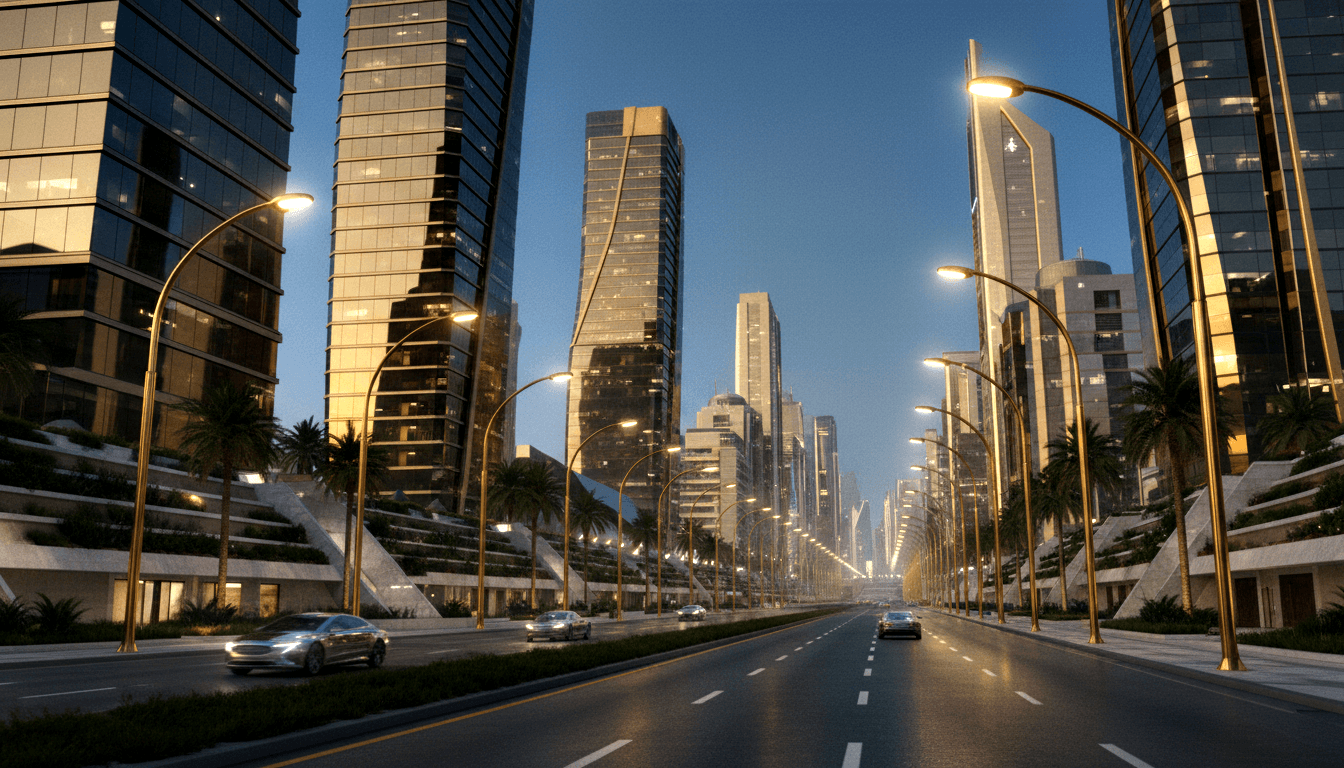 CGI dusk boulevard with amber arc lamps, palm-tree median, low-rise flanks, and symmetric skyscrapers receding into twilight.