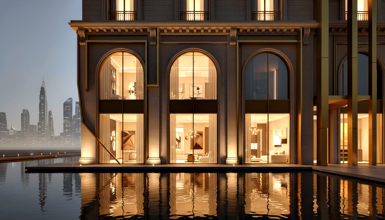 Neoclassical multi-story building facade with three arched windows revealing lit interiors, reflected in a still dark pool at twilight.