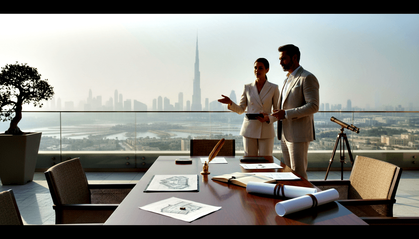 Two adults in cream attire on a high terrace review blueprints and a tablet, with a bonsai, telescope, and city skyline beyond.