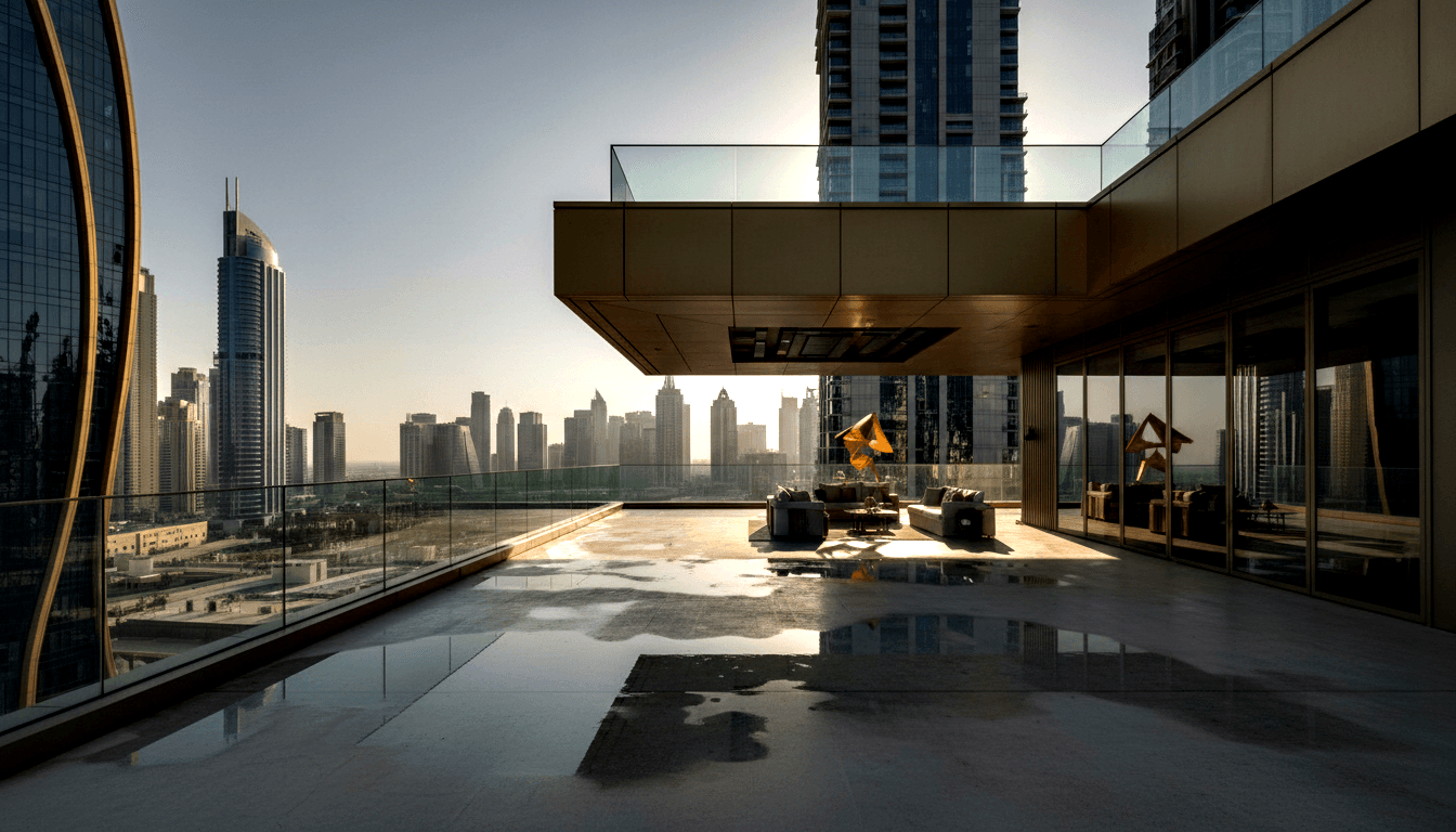 High-rise outdoor terrace with dark gray sofas, gold angular sculpture, and glass balustrade reflecting a dense skyline in water pools.