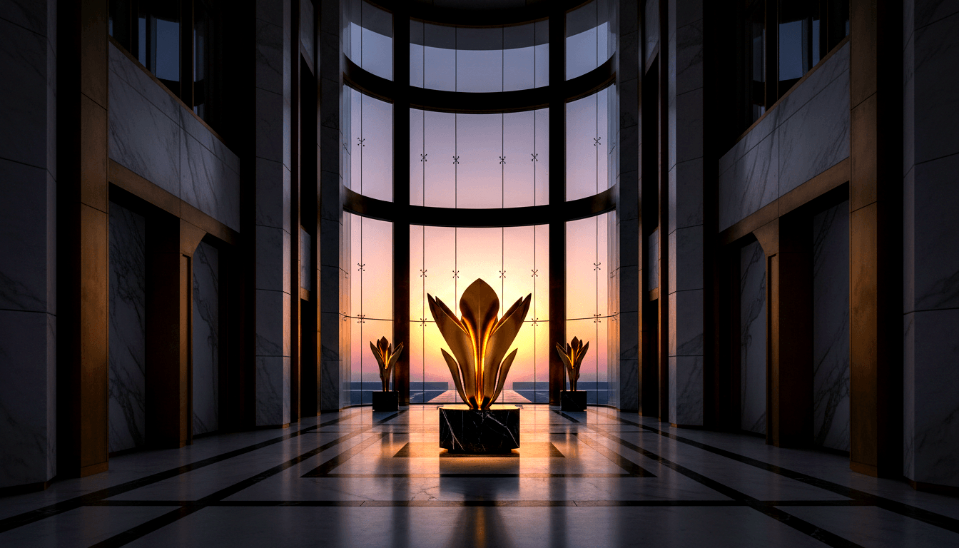 Golden abstract sculpture on marble pedestal flanked by two smaller ones in a lobby; sunset through rear glass wall.