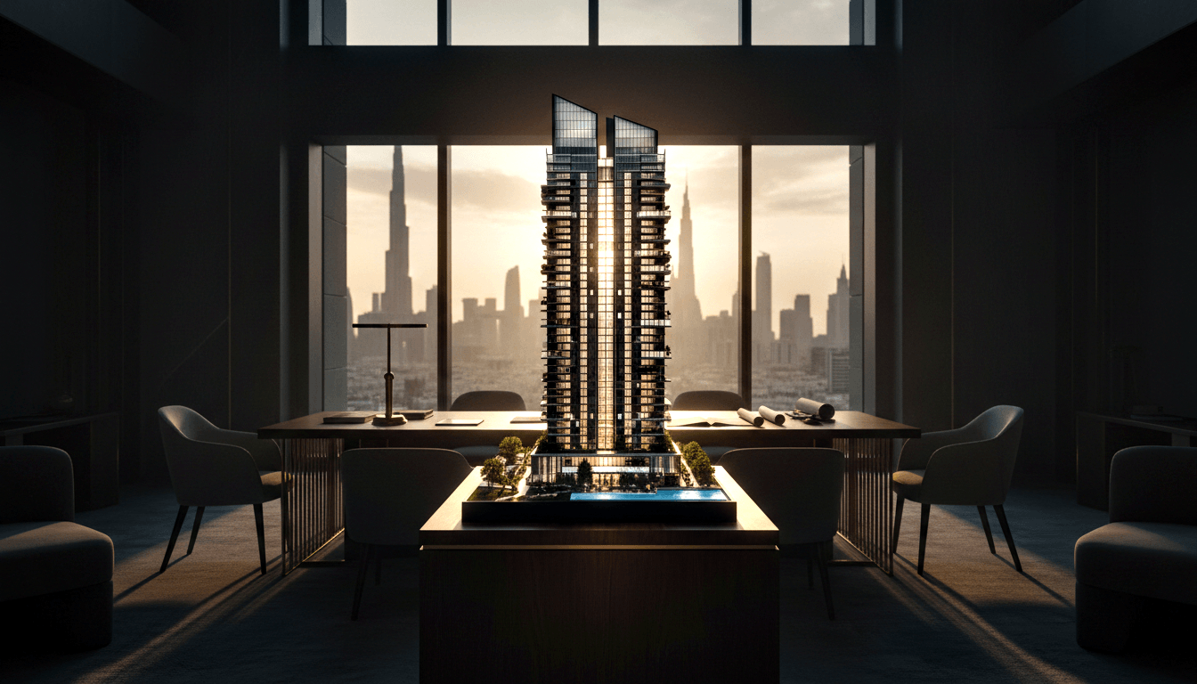 3D-rendered twin-tower skyscraper scale model with angled tops and balconies on a dark walnut boardroom table.