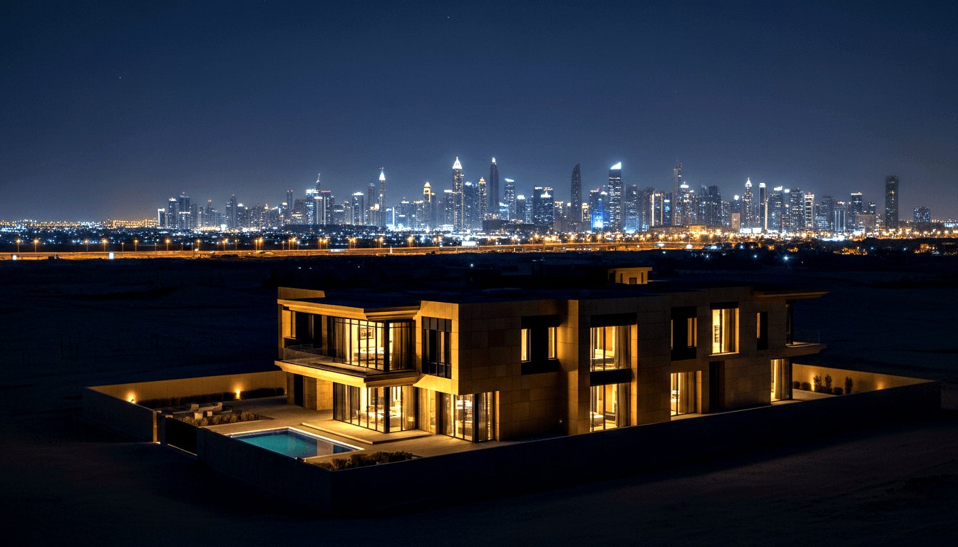 Aerial night view of a two-story beige villa with lit pool and glass balconies, vast glittering city skyline in background.