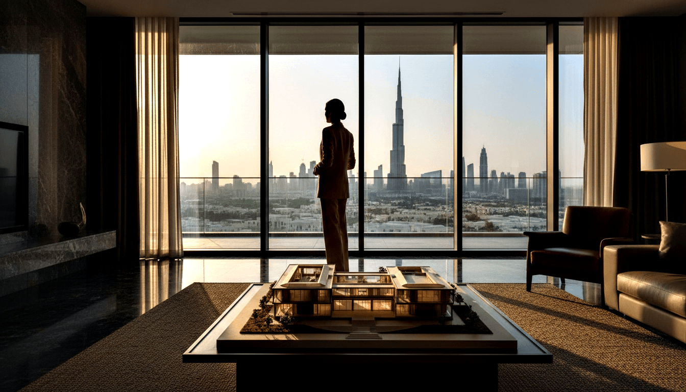 Silhouetted suited figure faces floor-to-ceiling windows with a glowing architectural scale model in the foreground and a supertall tower beyond.