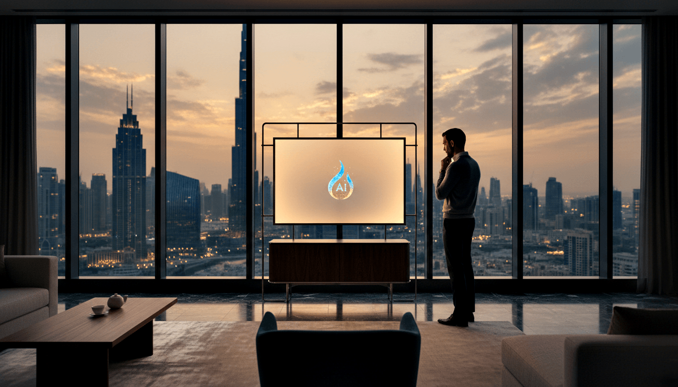 Man in grey-blue sweater stands hand at chin before large display with flame logo; city skyline at dusk through tall windows.