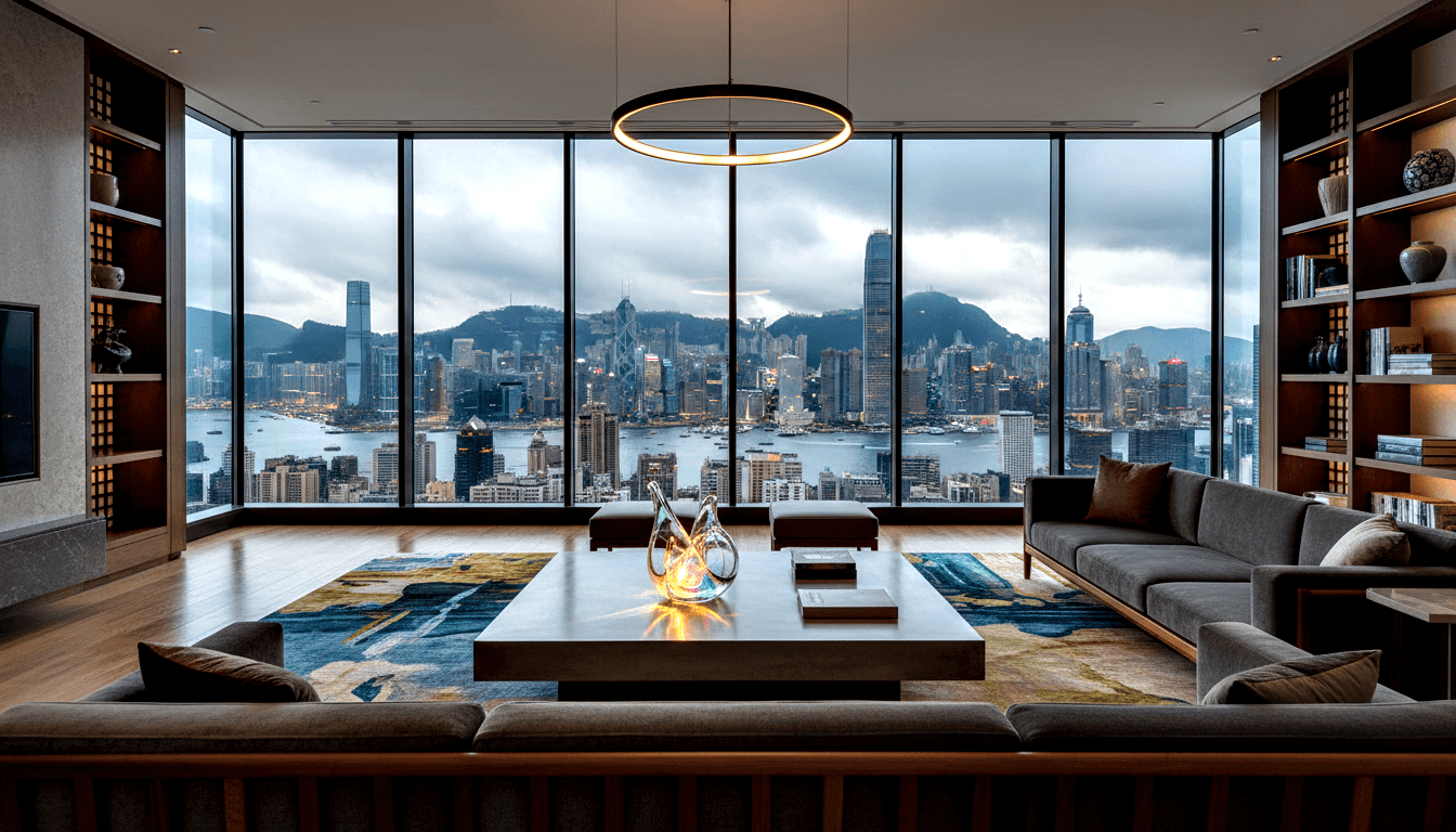 Penthouse living room: gray sofas, glowing glass sculpture on teal-and-gold rug, floor-to-ceiling windows with harbor and mountain views.