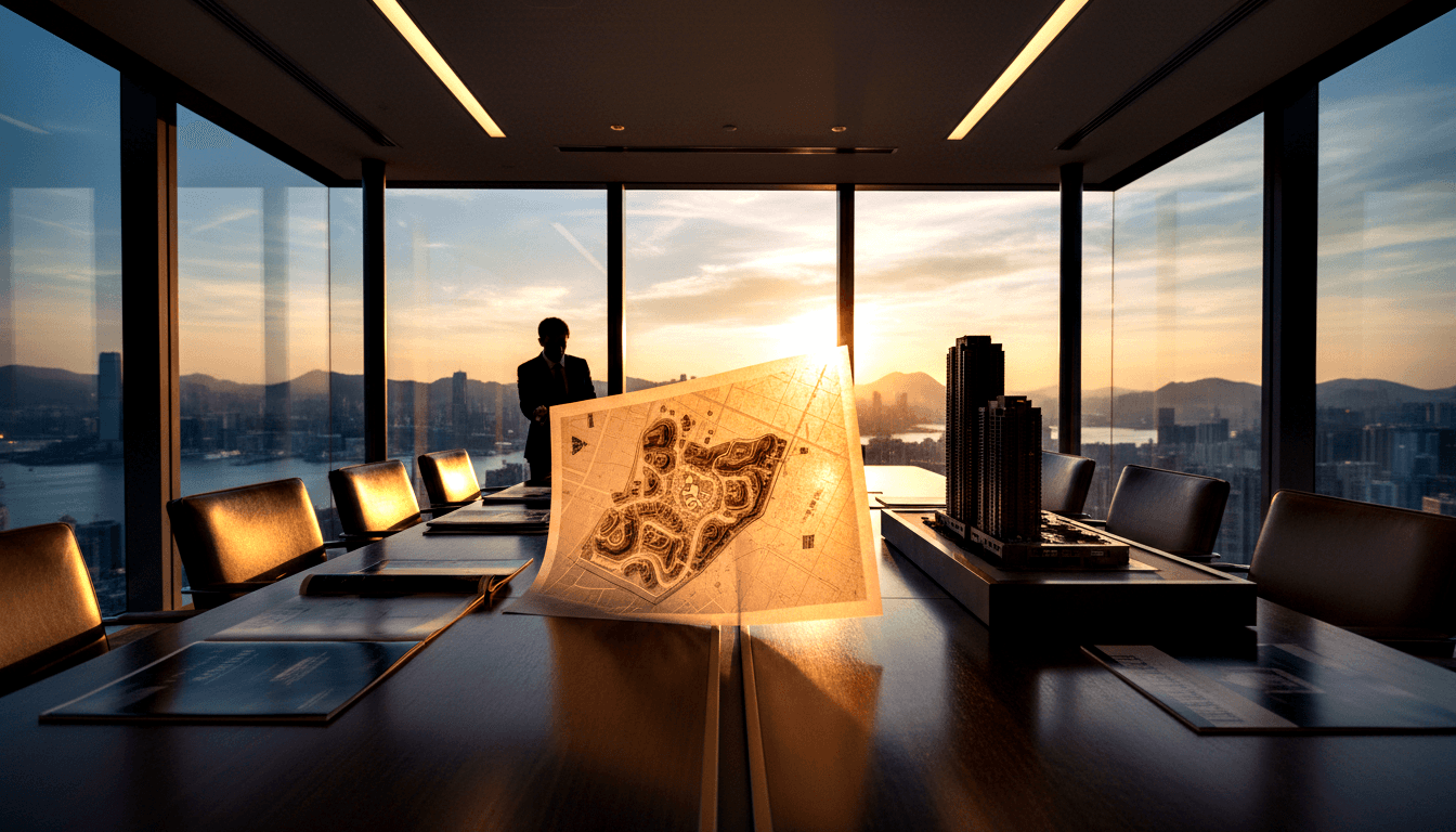 Glass boardroom: dark wood table with site plan, high-rise model, folders; suited figure silhouetted against waterfront skyline at sunset.