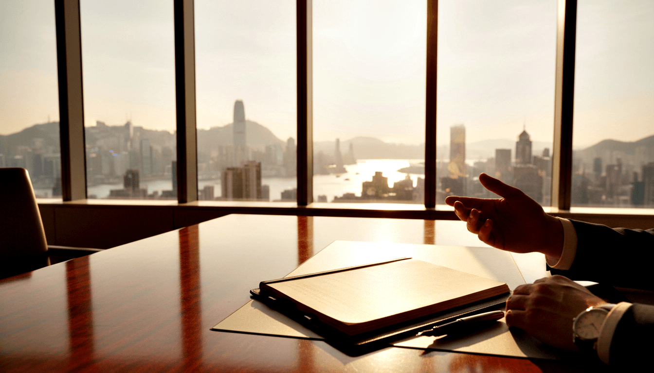 Suited hands on mahogany conference table with portfolio and pen; golden-backlit waterfront skyline through floor-to-ceiling windows.