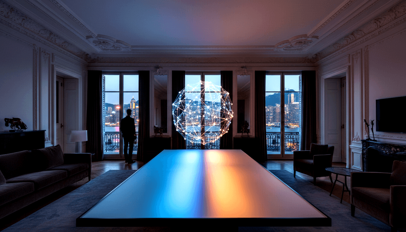 Glowing wireframe polyhedron floats above reflective table in ornate room; silhouetted figure faces nighttime harbor skyline.