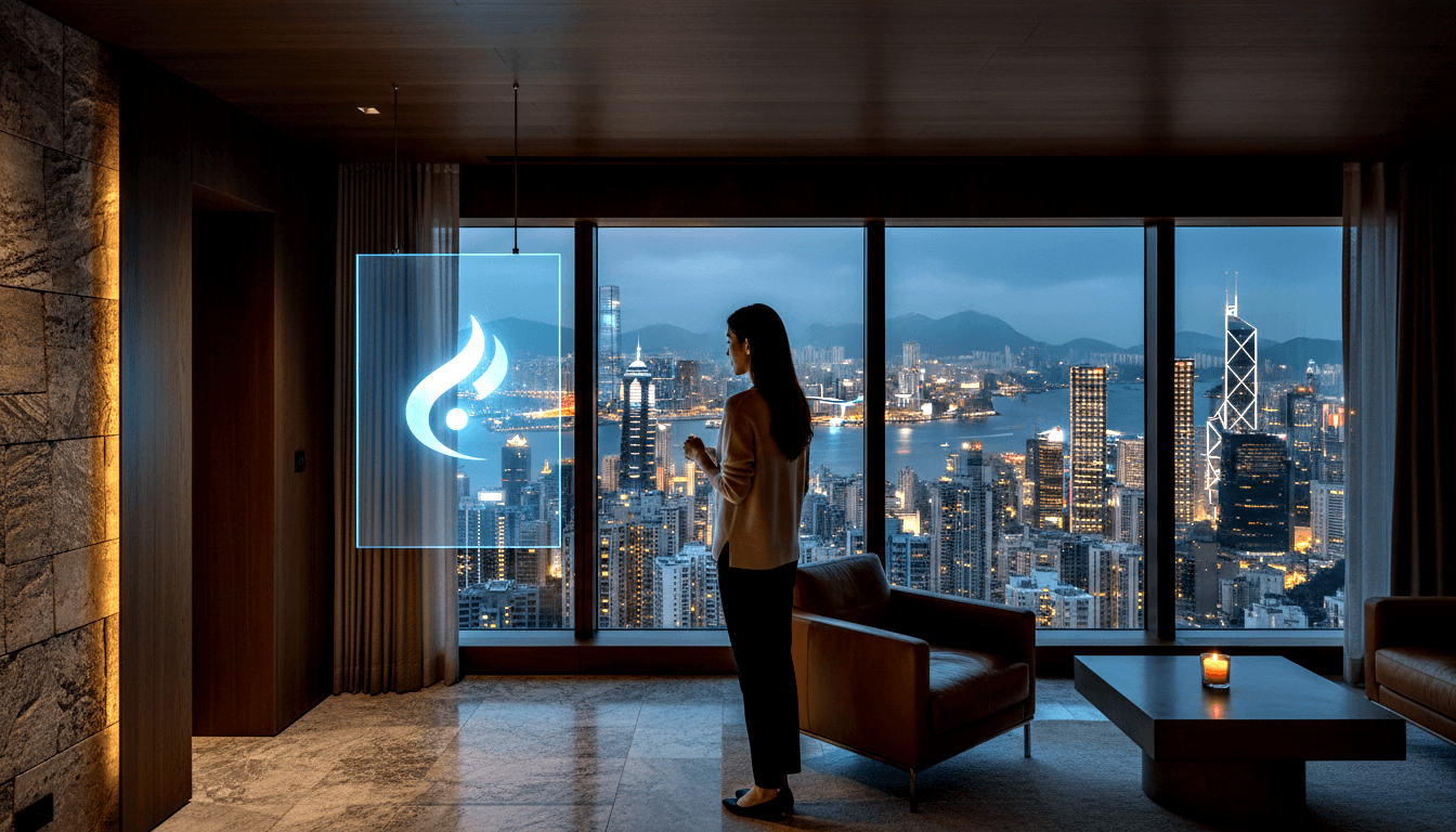 Woman in cream sweater holding small cup, gazing through floor-to-ceiling windows at illuminated nighttime harbor skyline.