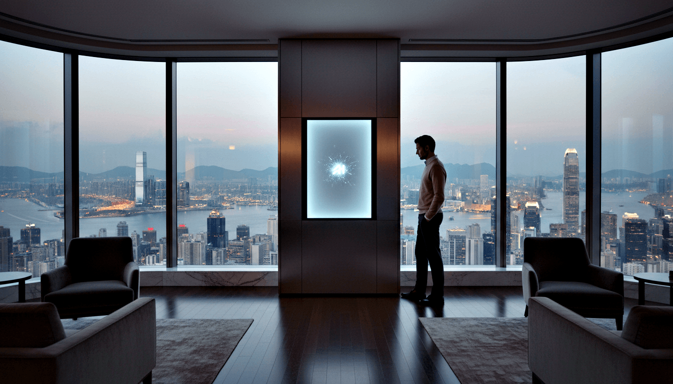 Man in cream knit sweater stands in profile before a wall-mounted crystalline panel glowing cold white in a dim high-floor interior.