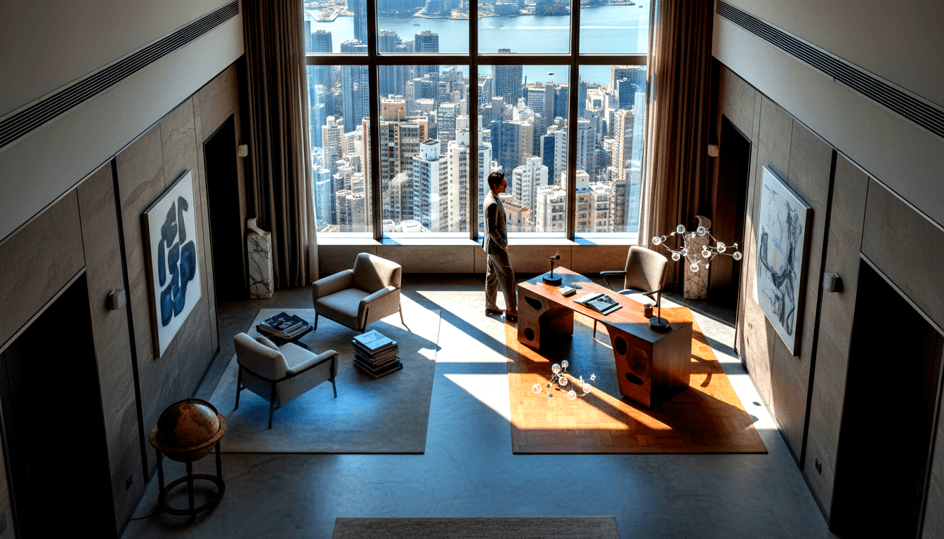 Man in dark suit facing floor-to-ceiling window overlooking urban skyline and water, viewed from above in office with mahogany desk.