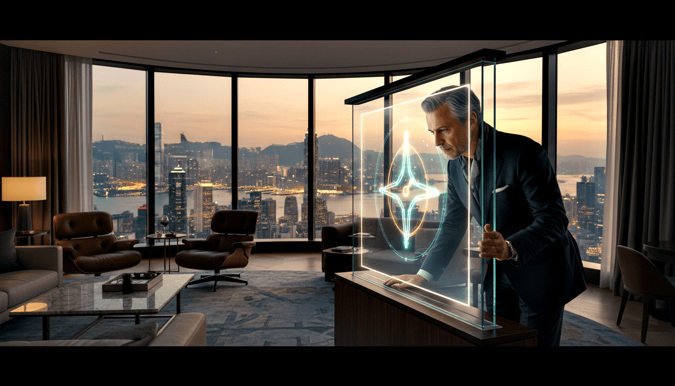 Silver-haired man in dark navy suit leans over wooden console studying a holographic cyan-and-amber compass-star panel.