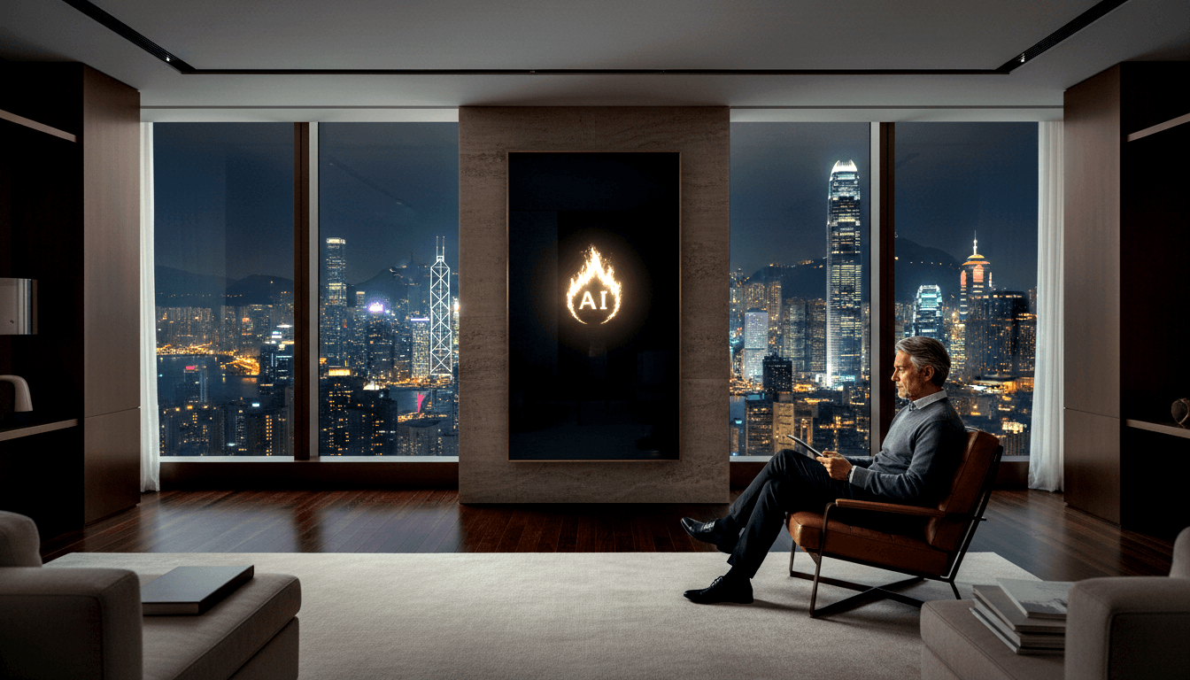 Man sits cross-legged in leather chair holding tablet, gazing at wall-mounted screen showing flaming AI logo, city skyline behind.