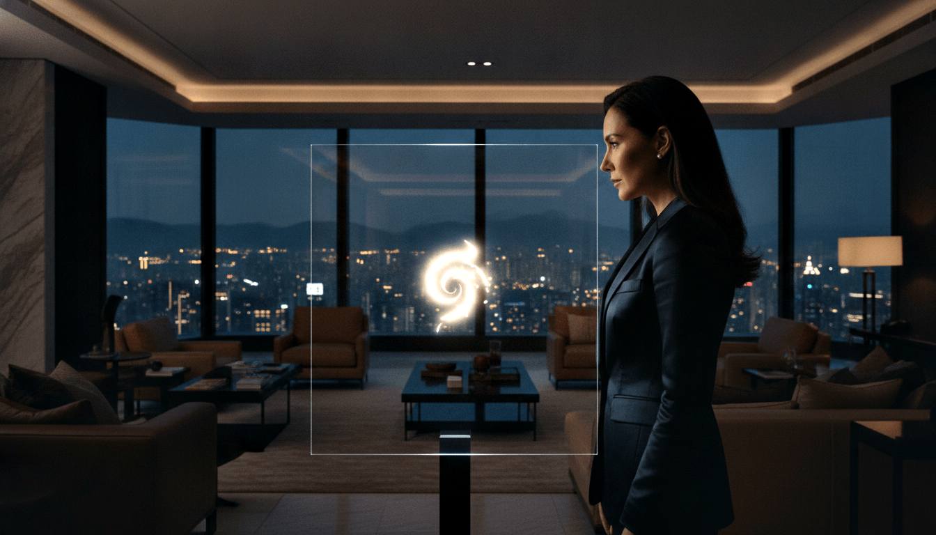 Woman in dark blazer stands in profile before a transparent display panel showing a glowing golden spiral, with nighttime cityscape behind.