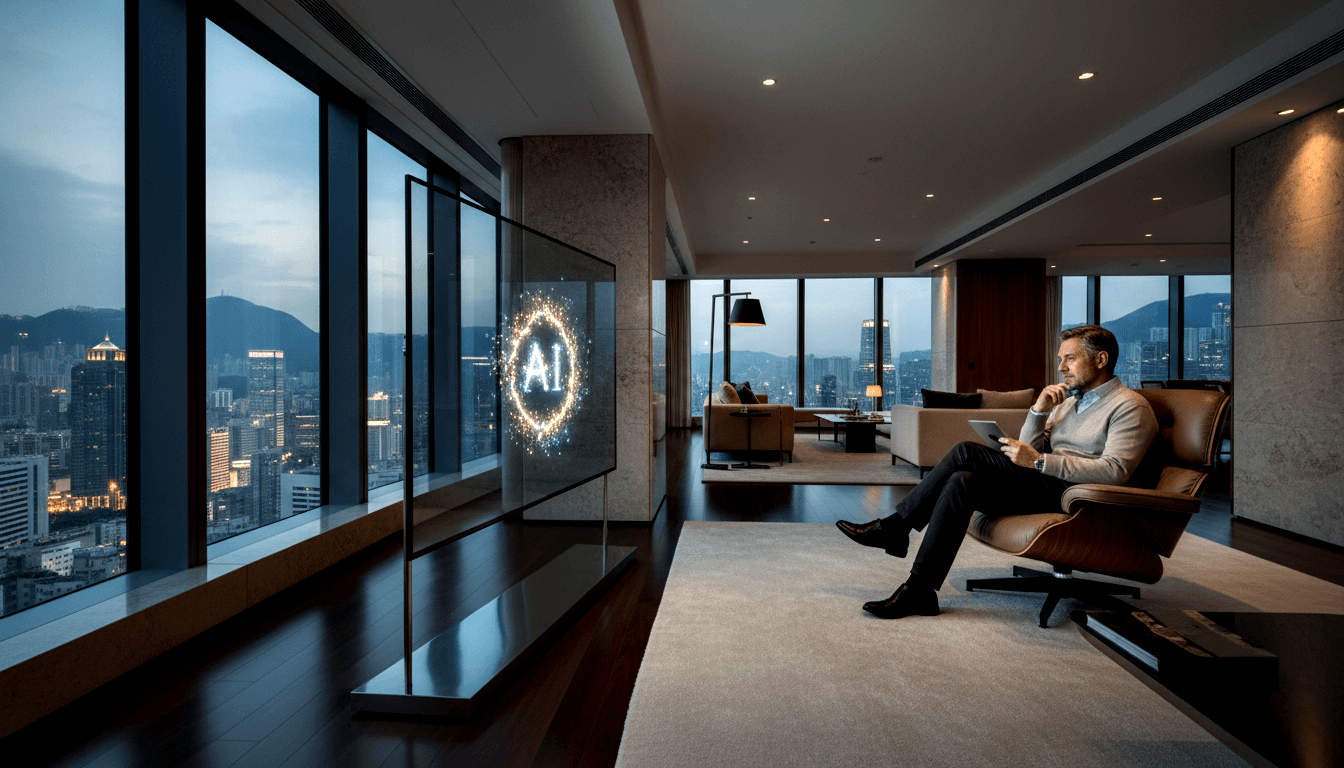 Man with salt-and-pepper hair sits in a leather chair holding a tablet, with a holographic 'AI' display and city skyline at dusk behind him.