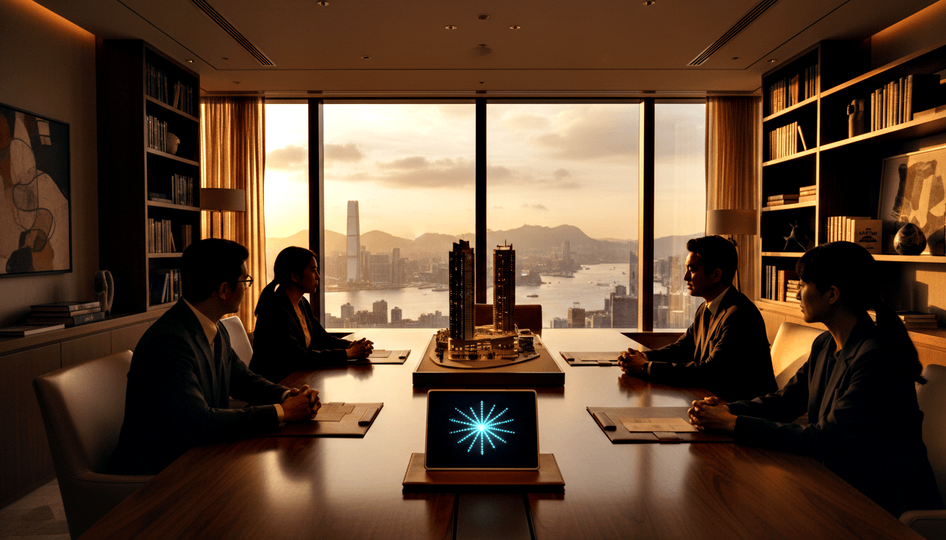 Four adults in dark suits examine twin high-rise scale model on mahogany table; glowing tablet nearby, harbor sunset behind them.