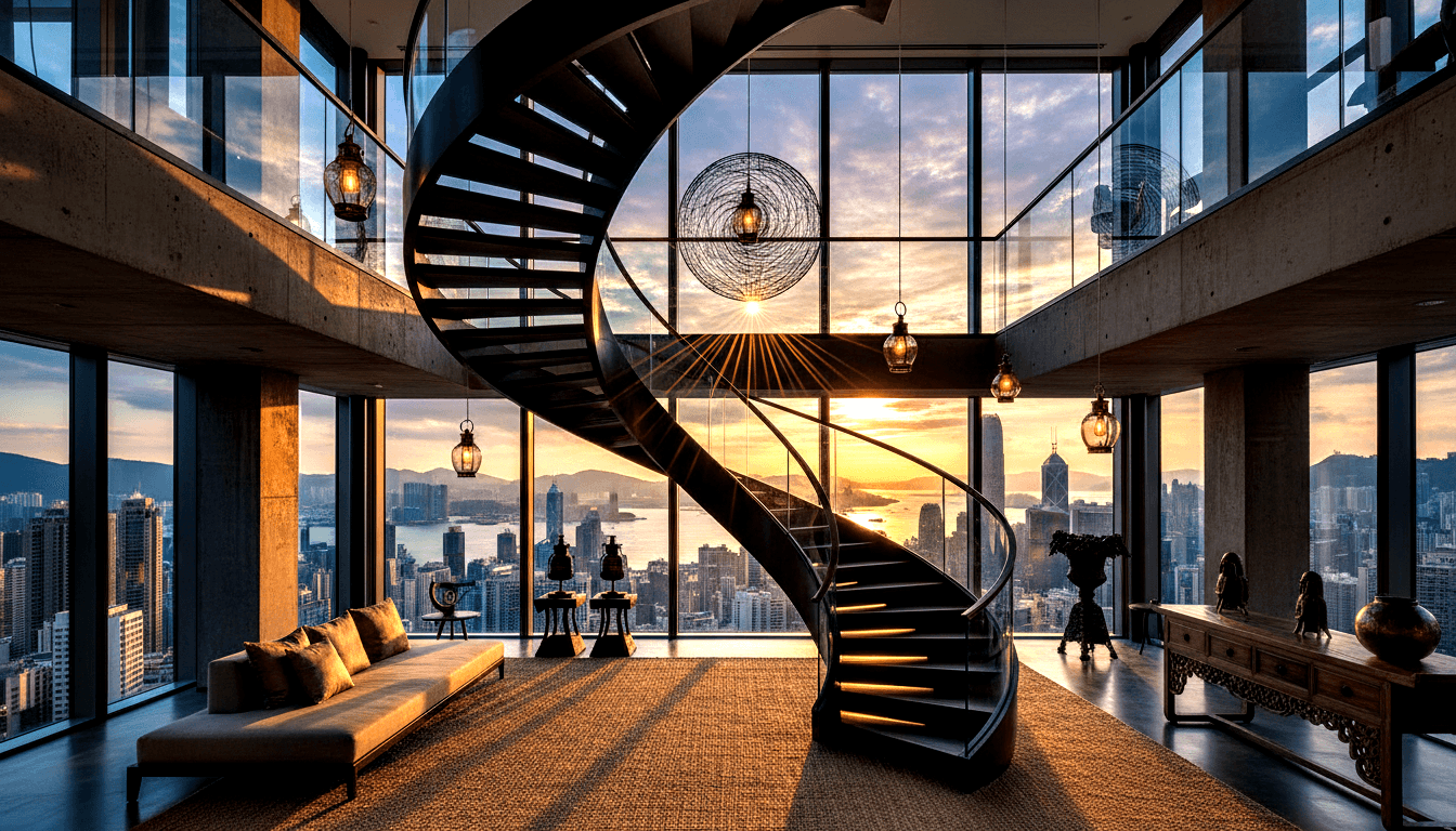 Dark metal spiral staircase centered in a multi-story interior with floor-to-ceiling glass walls showing a harbor skyline at sunset.