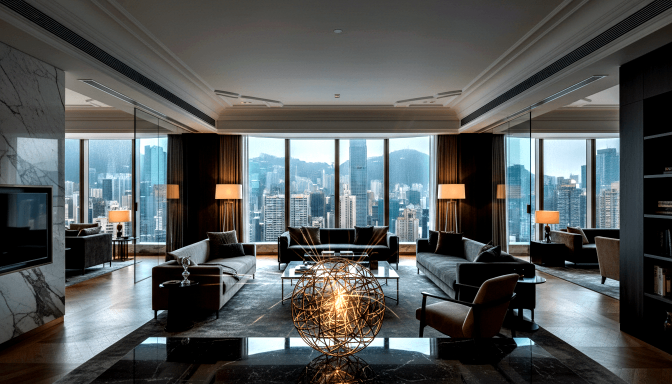 Dark lounge with charcoal sofas around a marble table with glowing bronze sphere; floor-to-ceiling windows show skyline and mountains.
