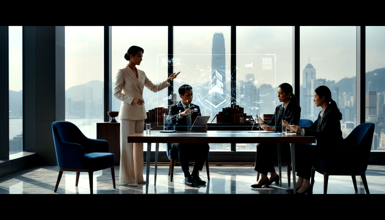 Woman in cream suit gestures at holographic 3D display in high-rise conference room overlooking city skyline, water, and mountains.