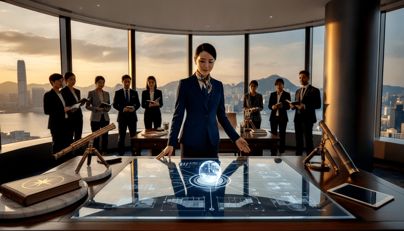Woman in navy blazer and silk scarf leans over holographic table with glowing globe and schematics; professionals stand behind her.
