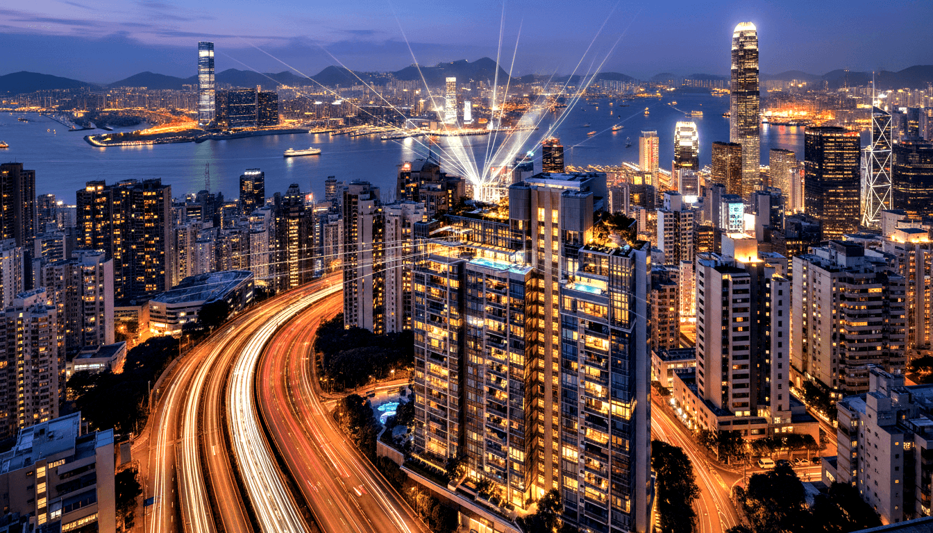 Night cityscape: supertall towers, curved highway with amber light trails, harbour dividing districts, laser beams, mountain twilight sky.