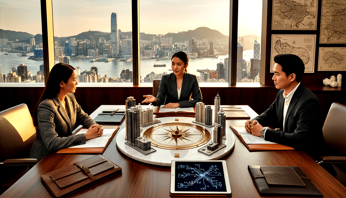 Three professionals at dark wood table with marble platform holding gold compass rose and miniature skyscrapers; harbor skyline behind.