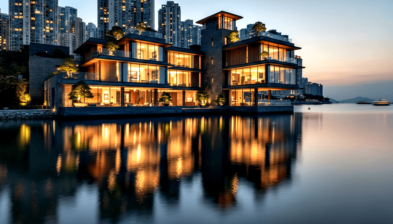 Waterfront residential complex at dusk; glowing amber interiors, cantilevered terraces, calm water reflections, twilight sky.