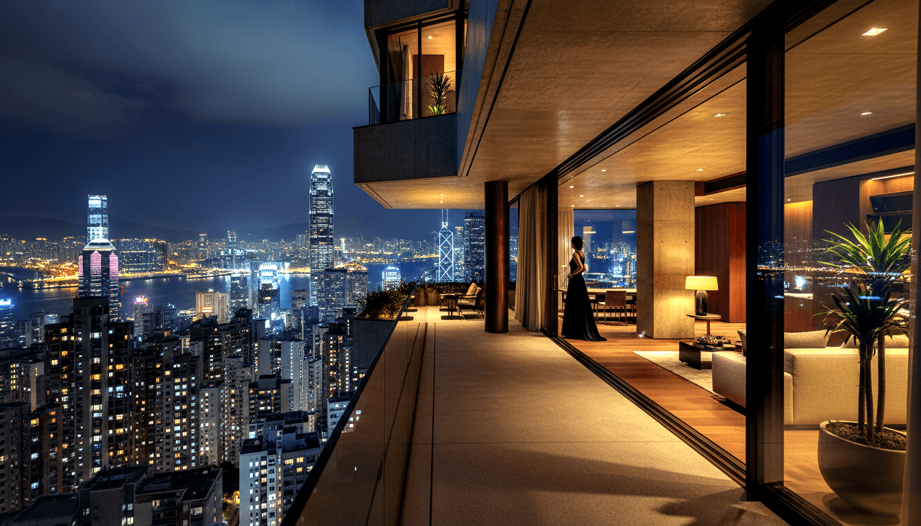 Woman in black evening gown on penthouse terrace at night, gazing at urban waterfront skyline with glowing skyscrapers.