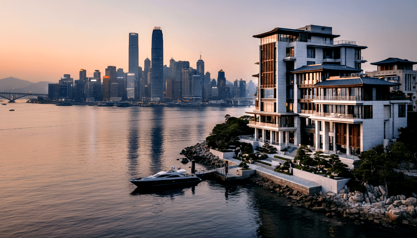 Contemporary building with East Asian roofline on rocky waterfront at dusk; dark yacht moored at dock, sunset sky, distant skyline.