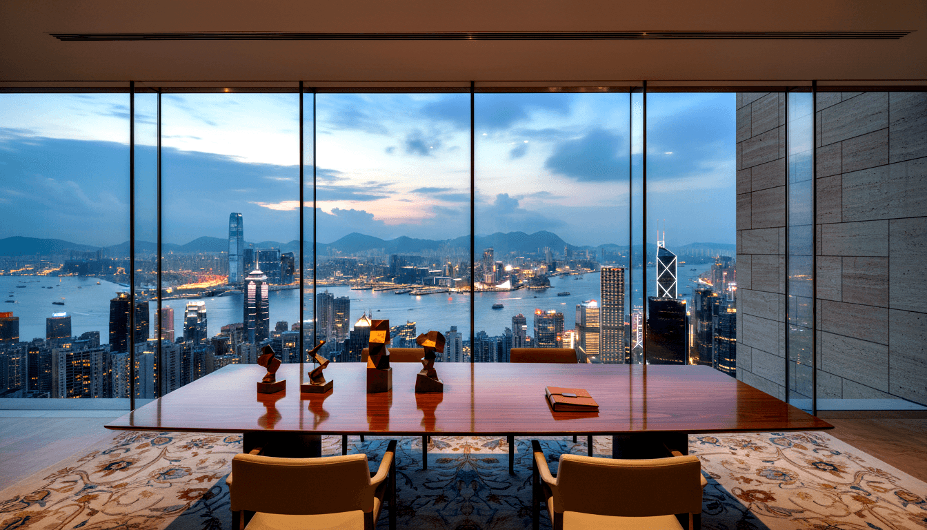 High-rise boardroom with dark oval table, cream chairs, and floor-to-ceiling glass panels framing a harbor skyline at dusk.