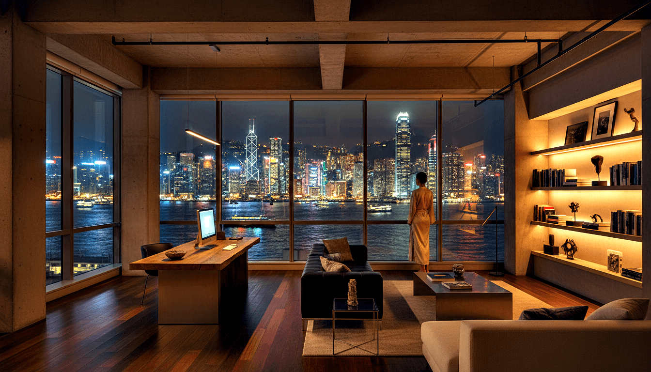 Person in cream robe stands at floor-to-ceiling windows overlooking a lit harbor skyline reflected in dark water at night.