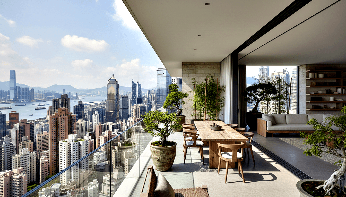 High-rise terrace with wooden dining table, cushioned chairs, bonsai trees, and glass balustrades opening to urban skyline and harbor.