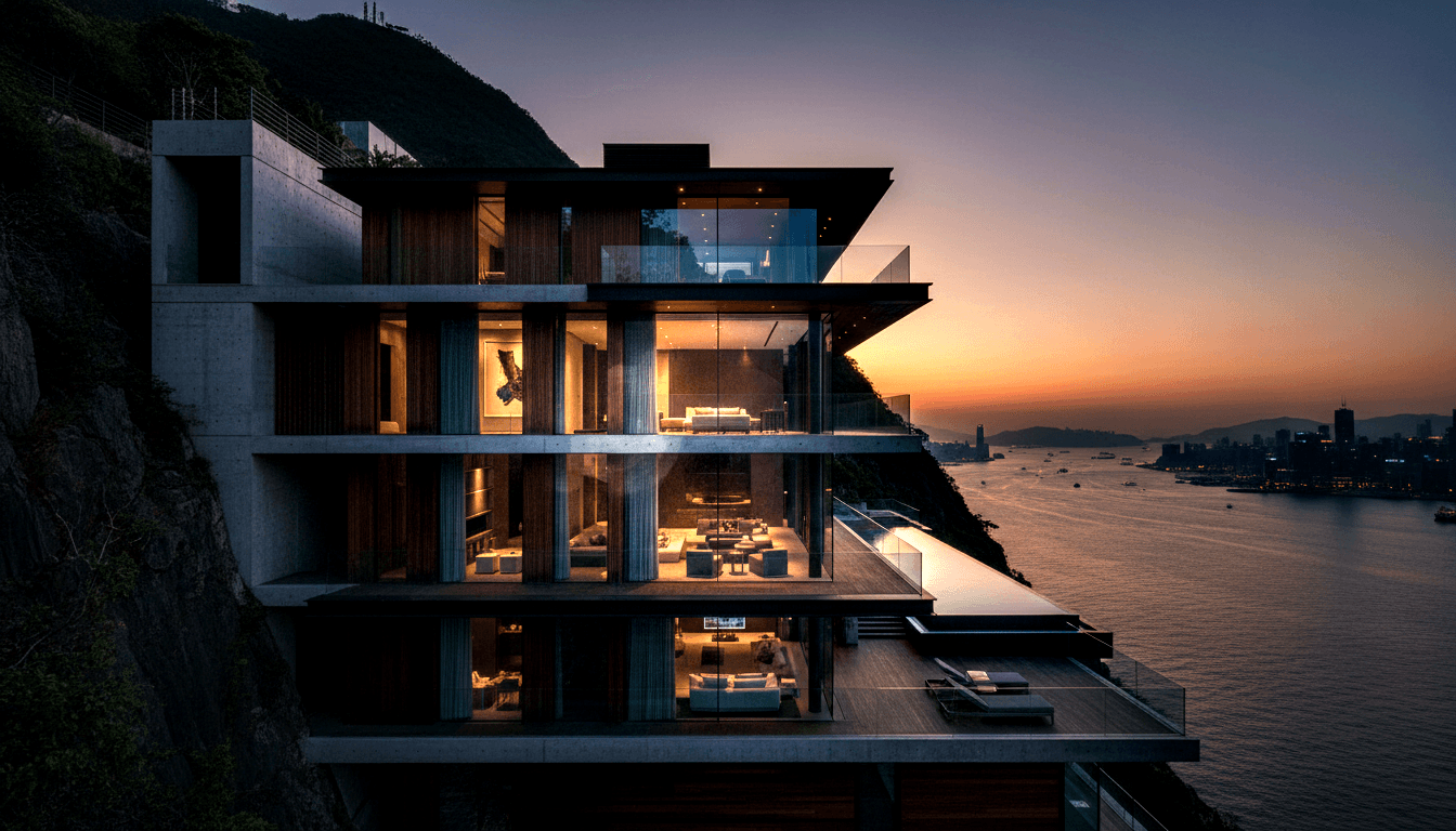 Glass-and-concrete home cantilevered over rocky cliff, lit interiors visible, infinity pool terrace, harbor and cityscape beyond.