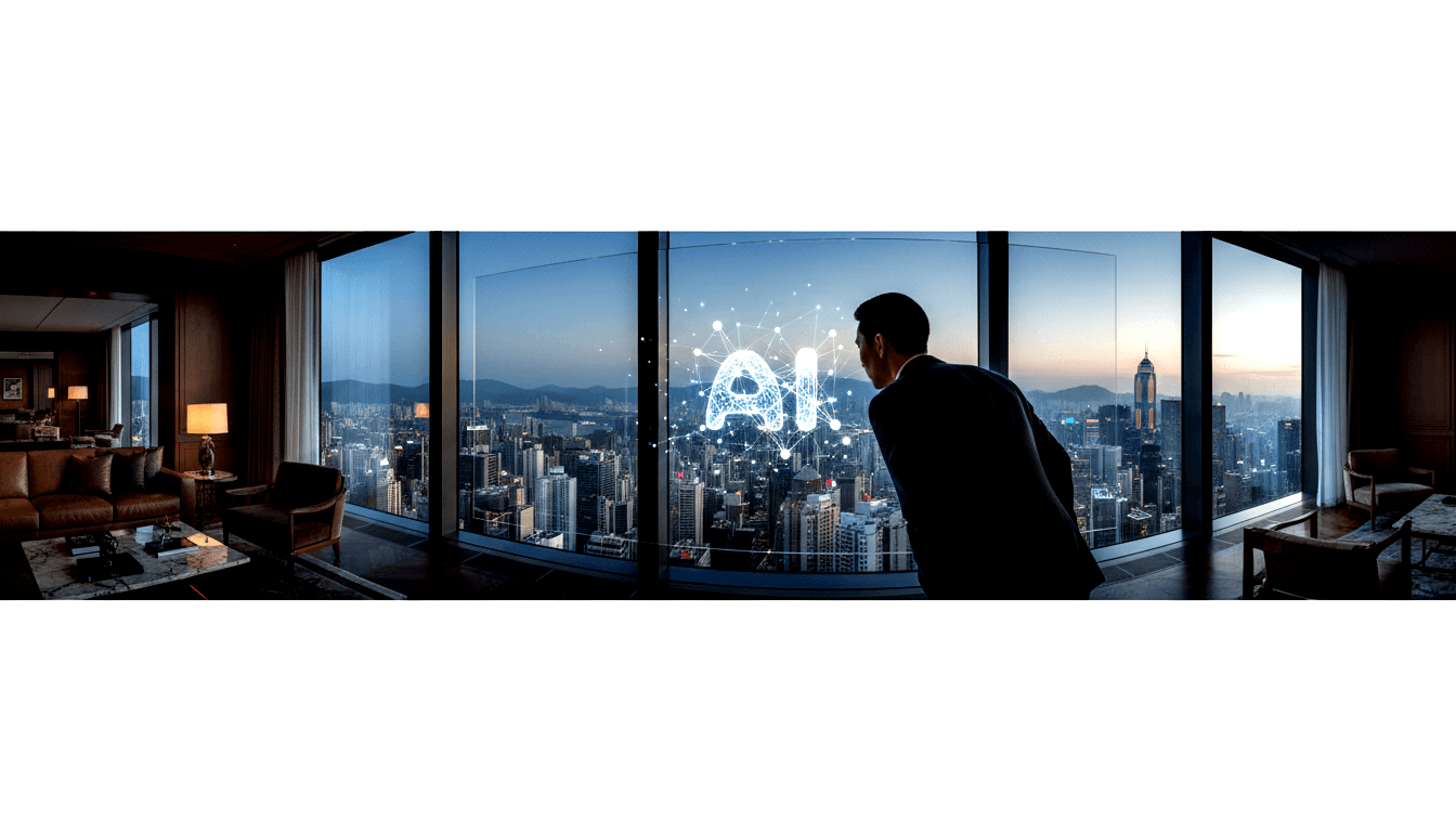 Man in dark suit seen from behind faces curved windows with glowing holographic AI graphic over amber city skyline at dusk.